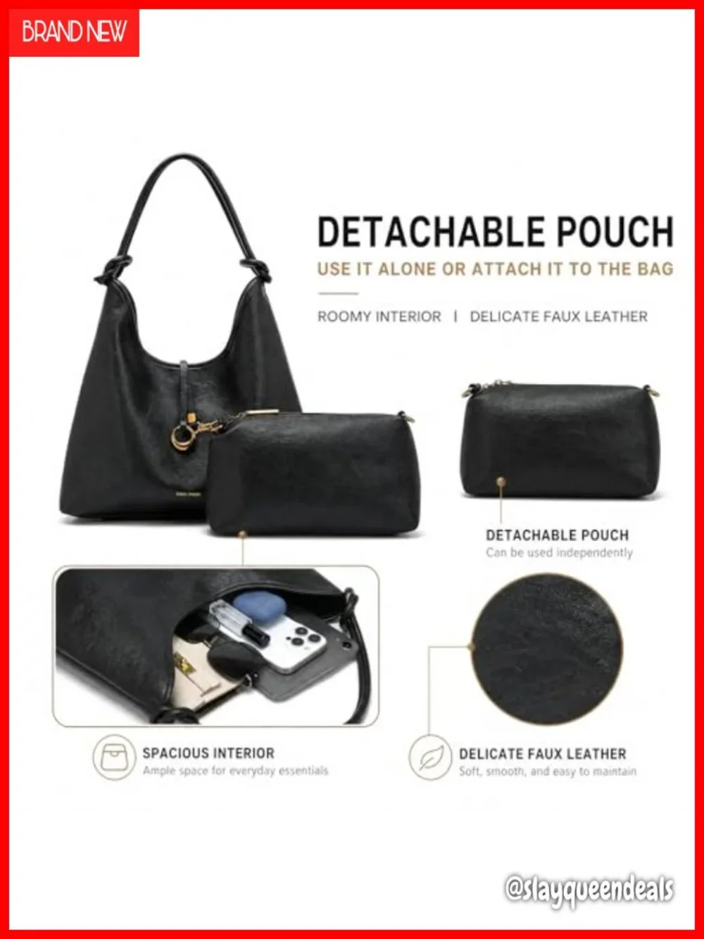 Vegan leather hobo bag with detachable pouch, slouchy shoulder purse